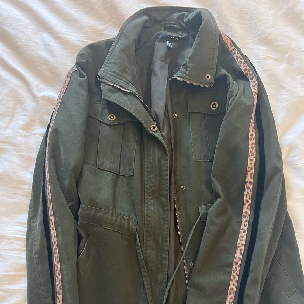 Green trench coat with leopard and black velvet stripes down arms Large AQUA